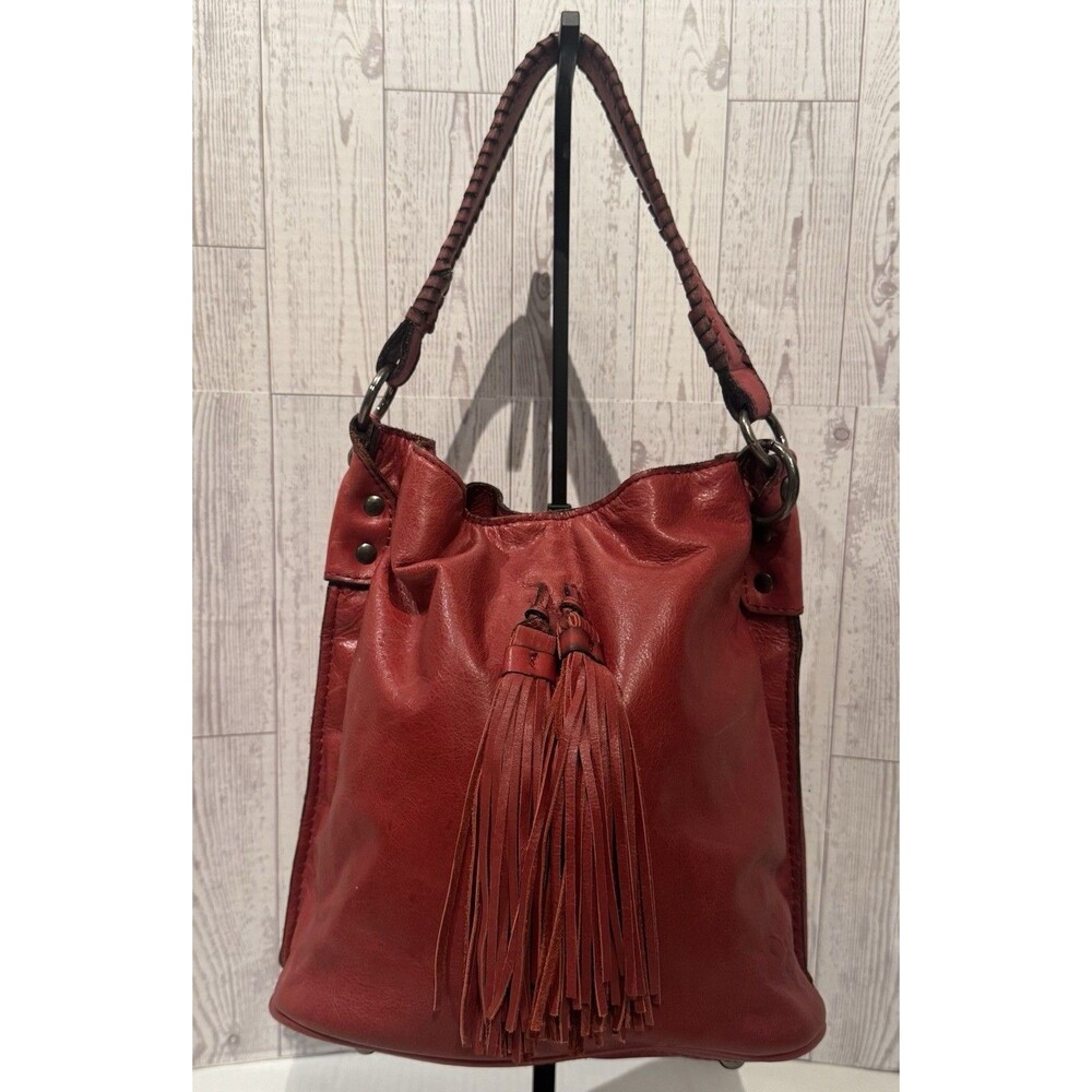 Patricia Nash Otavia Fringe Tassel Bucket Bag Shoulder Purse Red Soft Leather